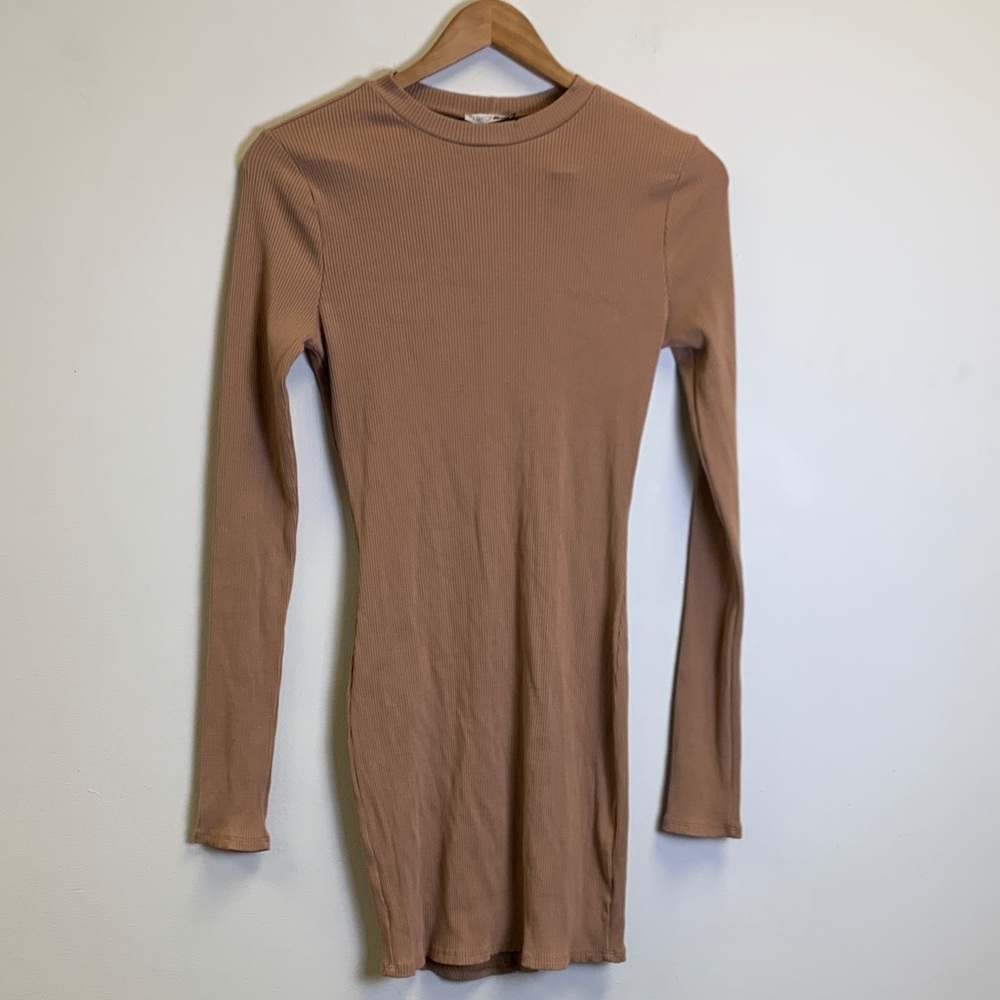 Fashion Nova Long Sleeve Mini Dress in Taupe